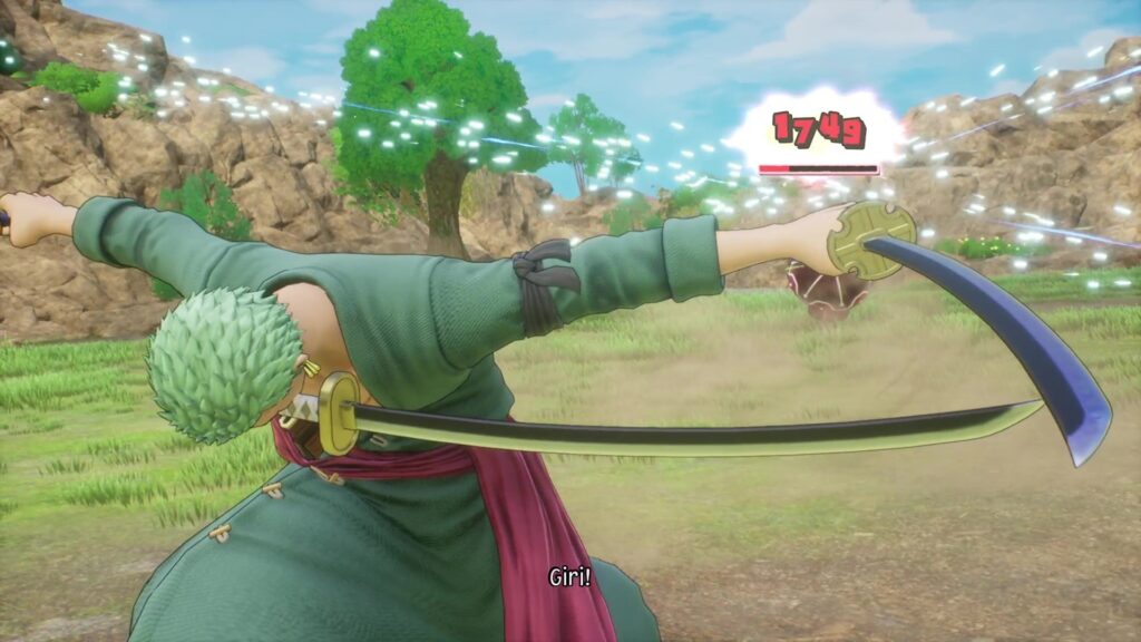 A character bows with arms wide and a sword in each hand and in the mouth, grass and rocks are in the background
